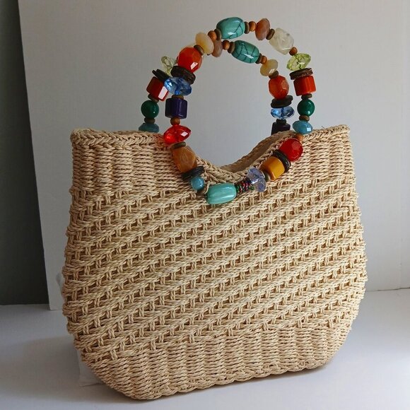 Cappelli Straworld Y2K Natural Woven Satchel Bag with Round Bejewelled Handles - Picture 1 of 7